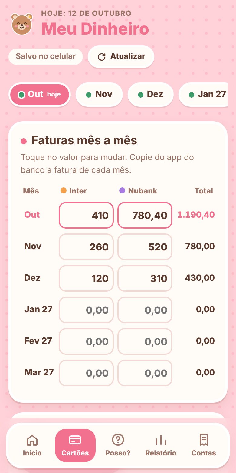 Tela dos cartões com faturas e limite